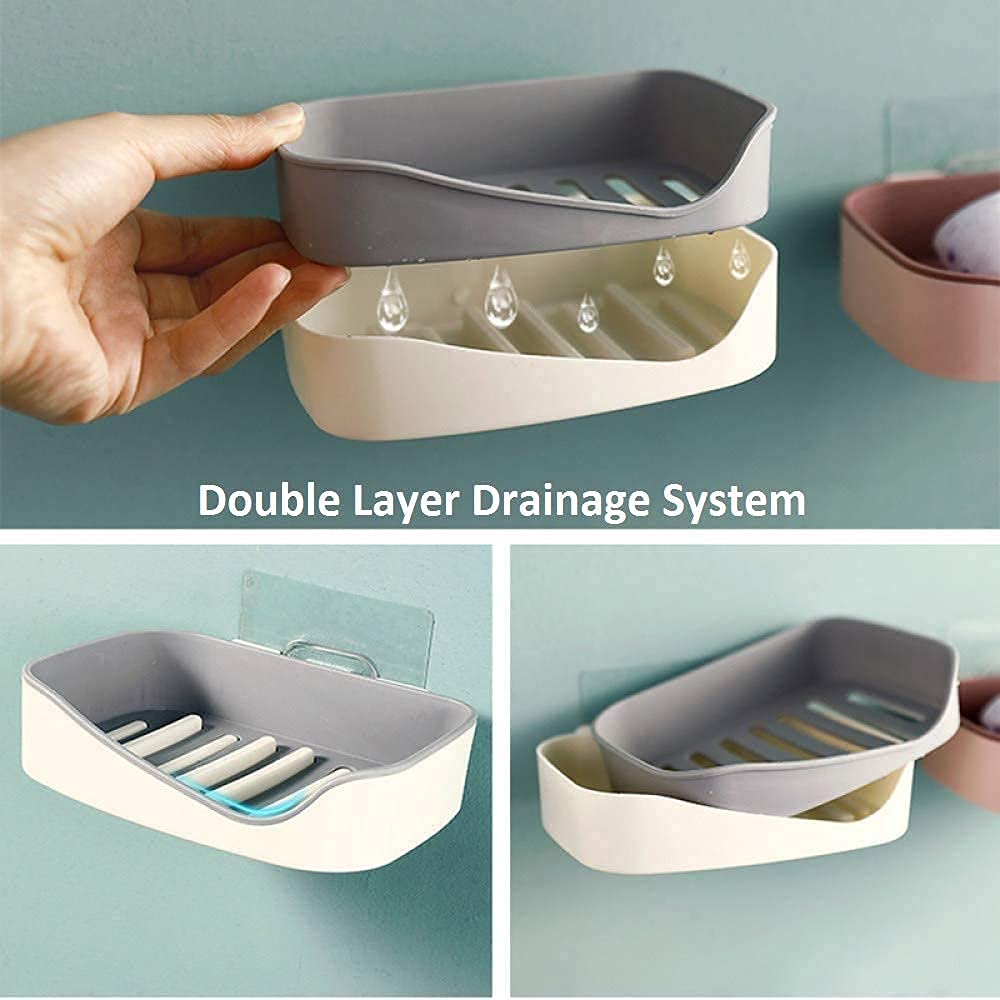 Inditradition Self Adhesive Wall Mounted Soap Holder For Bathroom | With Water Draining Tray, Plastic, (Pack Of 4)